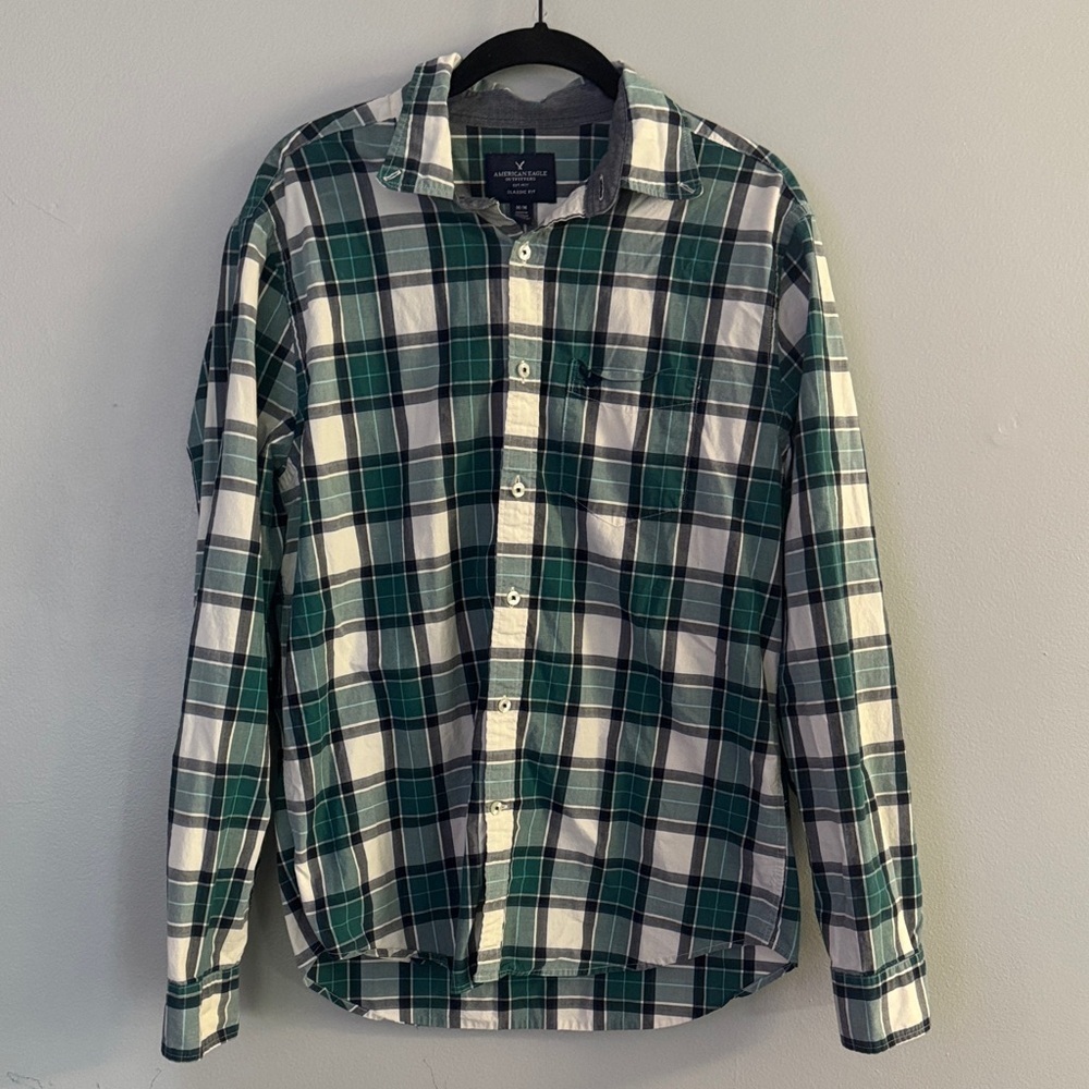 American Eagle Green, Blue and White Plaid Shirt